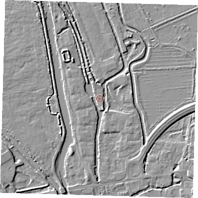 Shaded relief map of the ground around EN91JY, computed from Environment Agency LiDAR. The ground here sits at about 19 m above sea level and falls 4 m across the surrounding 800 m. Surface water reaching this point runs off ground lying to the south-east, 2.7 m higher.
