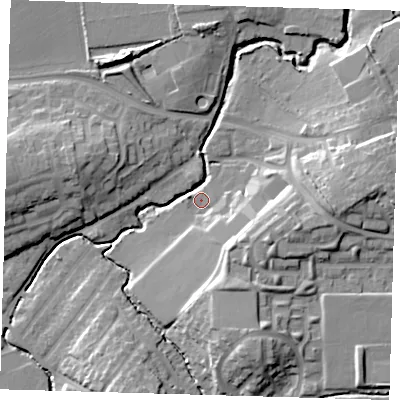 Shaded relief map of the ground around EN91LF, computed from Environment Agency LiDAR. The ground here sits at about 23 m above sea level and falls 18 m across the surrounding 800 m. Surface water reaching this point runs off ground lying to the east, 16.7 m higher.