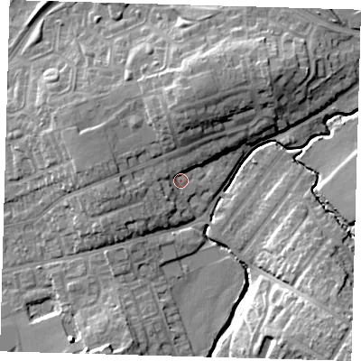 Shaded relief map of the ground around EN91LL, computed from Environment Agency LiDAR. The ground here sits at about 23 m above sea level and falls 18 m across the surrounding 800 m. Surface water reaching this point runs off ground lying to the north, 9.9 m higher.