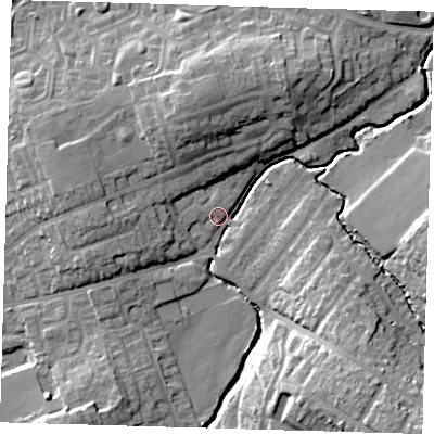 Shaded relief map of the ground around EN91LN, computed from Environment Agency LiDAR. The ground here sits at about 22 m above sea level and falls 19 m across the surrounding 800 m. Surface water reaching this point runs off ground lying to the west, 9.9 m higher.