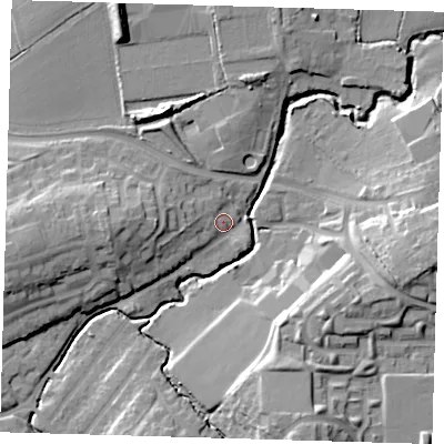 Shaded relief map of the ground around EN91LP, computed from Environment Agency LiDAR. The ground here sits at about 24 m above sea level and falls 18 m across the surrounding 800 m. Surface water reaching this point runs off ground lying to the west-north-west, 5.2 m higher.