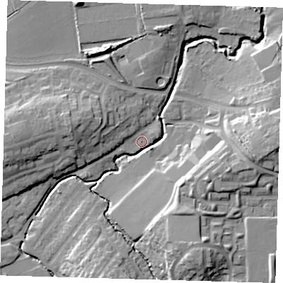 Shaded relief map of the ground around EN91LR, computed from Environment Agency LiDAR. The ground here sits at about 23 m above sea level and falls 18 m across the surrounding 800 m. Surface water reaching this point runs off ground lying to the east, 16.4 m higher.