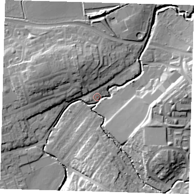 Shaded relief map of the ground around EN91LS, computed from Environment Agency LiDAR. The ground here sits at about 22 m above sea level and falls 16 m across the surrounding 800 m. Surface water reaching this point runs off ground lying to the east, 14.5 m higher.