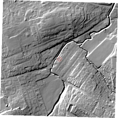 Shaded relief map of the ground around EN91LT, computed from Environment Agency LiDAR. The ground here sits at about 21 m above sea level and falls 20 m across the surrounding 800 m. Surface water reaching this point runs off ground lying to the south-east, 14.0 m higher.