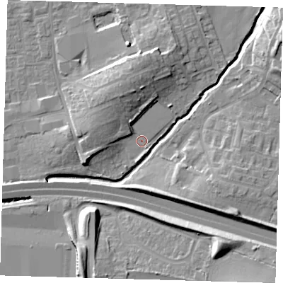 Shaded relief map of the ground around EN91LU, computed from Environment Agency LiDAR. The ground here sits at about 19 m above sea level and falls 14 m across the surrounding 800 m. Surface water reaching this point runs off ground lying to the north-north-west, 8.1 m higher.