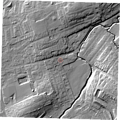 Shaded relief map of the ground around EN91NJ, computed from Environment Agency LiDAR. The ground here sits at about 24 m above sea level and falls 17 m across the surrounding 800 m. Surface water reaching this point runs off ground lying to the west-north-west, 1.5 m higher.