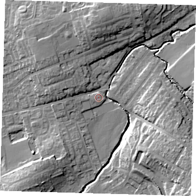 Shaded relief map of the ground around EN91NY, computed from Environment Agency LiDAR. The ground here sits at about 23 m above sea level and falls 19 m across the surrounding 800 m. Surface water reaching this point runs off ground lying to the west-north-west, 5.9 m higher.