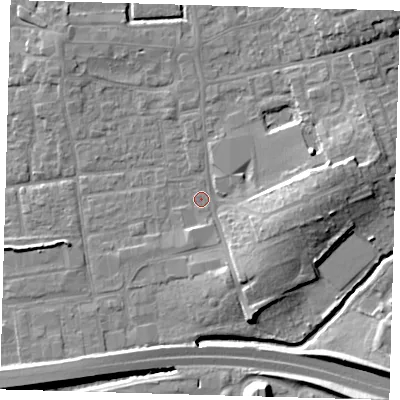 Shaded relief map of the ground around EN91PB, computed from Environment Agency LiDAR. The ground here sits at about 19 m above sea level and falls 11 m across the surrounding 800 m. Surface water reaching this point runs off ground lying to the east, 8.9 m higher.