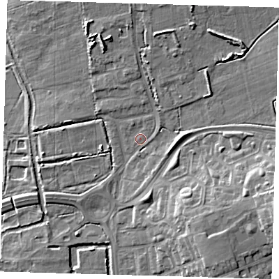 Shaded relief map of the ground around EN91QU, computed from Environment Agency LiDAR. The ground here sits at about 21 m above sea level and falls 12 m across the surrounding 800 m. Surface water reaching this point runs off ground lying to the north-north-west, 1.0 m higher.