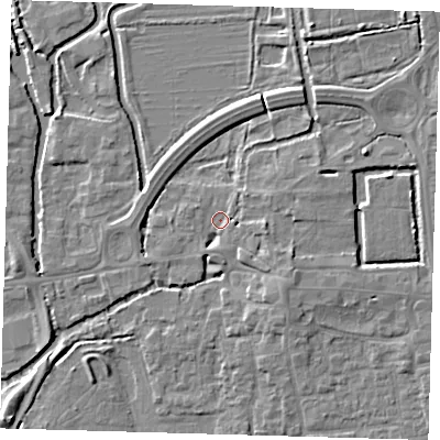 Shaded relief map of the ground around EN91QZ, computed from Environment Agency LiDAR. The ground here sits at about 19 m above sea level and falls 5 m across the surrounding 800 m. Surface water reaching this point runs off ground lying to the east-south-east, 3.7 m higher.
