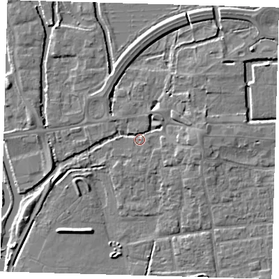 Shaded relief map of the ground around EN91RB, computed from Environment Agency LiDAR. The ground here sits at about 19 m above sea level and falls 6 m across the surrounding 800 m. Surface water reaching this point runs off ground lying to the east, 4.4 m higher.