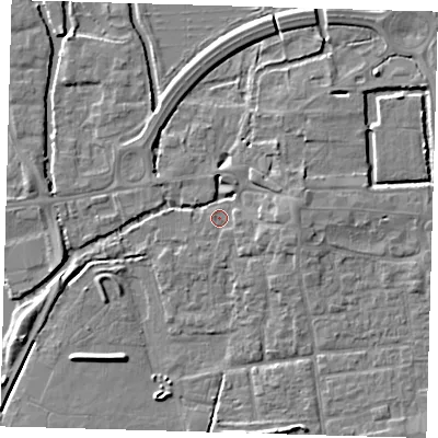 Shaded relief map of the ground around EN91RD, computed from Environment Agency LiDAR. The ground here sits at about 19 m above sea level and falls 5 m across the surrounding 800 m. Surface water reaching this point runs off ground lying to the east, 3.4 m higher.