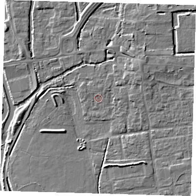Shaded relief map of the ground around EN91RE, computed from Environment Agency LiDAR. The ground here sits at about 19 m above sea level and falls 6 m across the surrounding 800 m. Surface water reaching this point runs off ground lying to the north-north-east, 0.7 m higher.