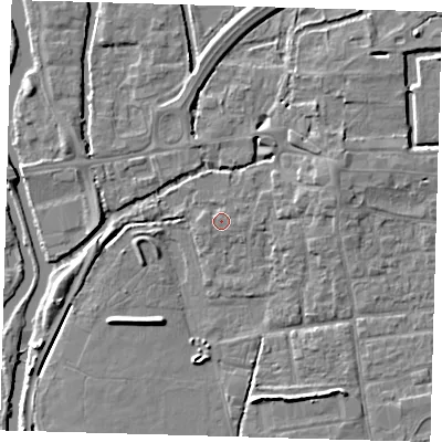 Shaded relief map of the ground around EN91RF, computed from Environment Agency LiDAR. The ground here sits at about 19 m above sea level and falls 6 m across the surrounding 800 m. Surface water reaching this point runs off ground lying to the east, 0.7 m higher.