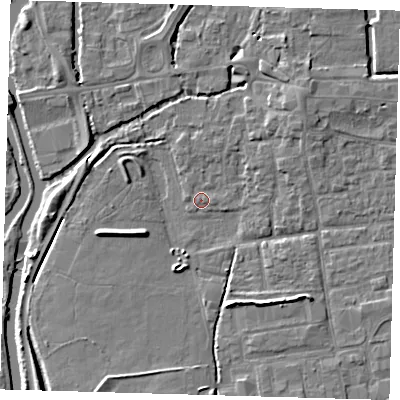 Shaded relief map of the ground around EN91RG, computed from Environment Agency LiDAR. The ground here sits at about 19 m above sea level and falls 6 m across the surrounding 800 m. Surface water reaching this point runs off ground lying to the south-south-east, 4.2 m higher.