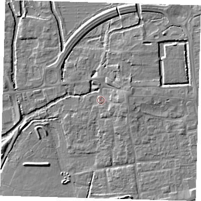 Shaded relief map of the ground around EN91RH, computed from Environment Agency LiDAR. The ground here sits at about 19 m above sea level and falls 5 m across the surrounding 800 m. Surface water reaching this point runs off ground lying to the east, 3.4 m higher.
