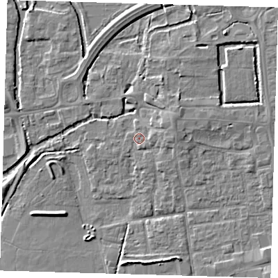 Shaded relief map of the ground around EN91RL, computed from Environment Agency LiDAR. The ground here sits at about 19 m above sea level and falls 5 m across the surrounding 800 m. Surface water reaching this point runs off ground lying to the east, 2.7 m higher.