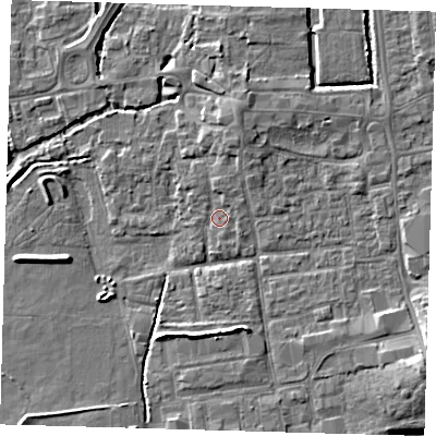 Shaded relief map of the ground around EN91RP, computed from Environment Agency LiDAR. The ground here sits at about 19 m above sea level and falls 7 m across the surrounding 800 m. Surface water reaching this point runs off ground lying to the north-north-east, 3.0 m higher.