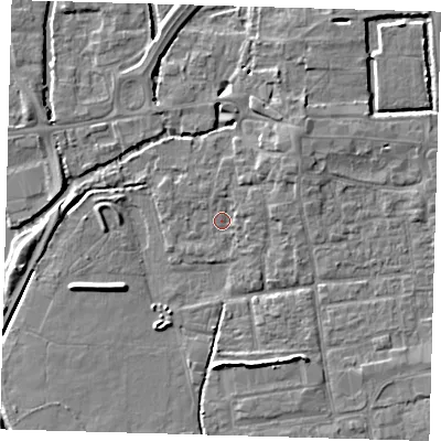 Shaded relief map of the ground around EN91RQ, computed from Environment Agency LiDAR. The ground here sits at about 19 m above sea level and falls 5 m across the surrounding 800 m. Surface water reaching this point runs off ground lying to the north-east, 3.3 m higher.