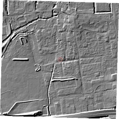 Shaded relief map of the ground around EN91RS, computed from Environment Agency LiDAR. The ground here sits at about 19 m above sea level and falls 8 m across the surrounding 800 m. Surface water reaching this point runs off ground lying to the south-south-east, 4.0 m higher.