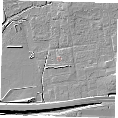 Shaded relief map of the ground around EN91RT, computed from Environment Agency LiDAR. The ground here sits at about 20 m above sea level and falls 9 m across the surrounding 800 m. Surface water reaching this point runs off ground lying to the south-south-west, 2.9 m higher.