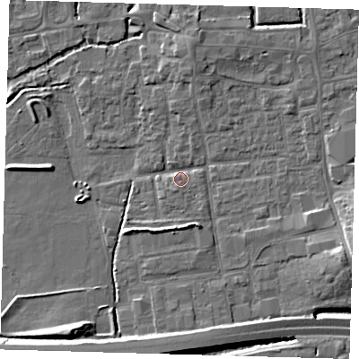 Shaded relief map of the ground around EN91RU, computed from Environment Agency LiDAR. The ground here sits at about 20 m above sea level and falls 9 m across the surrounding 800 m. Surface water reaching this point runs off ground lying to the east-south-east, 5.9 m higher.