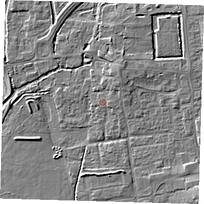 Shaded relief map of the ground around EN91RW, computed from Environment Agency LiDAR. The ground here sits at about 20 m above sea level and falls 5 m across the surrounding 800 m. Surface water reaching this point runs off ground lying to the north-east, 2.4 m higher.