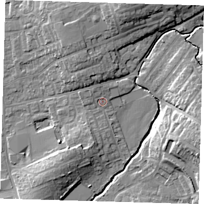 Shaded relief map of the ground around EN91SD, computed from Environment Agency LiDAR. The ground here sits at about 23 m above sea level and falls 17 m across the surrounding 800 m. Surface water reaching this point runs off ground lying to the north-north-west, 2.4 m higher.