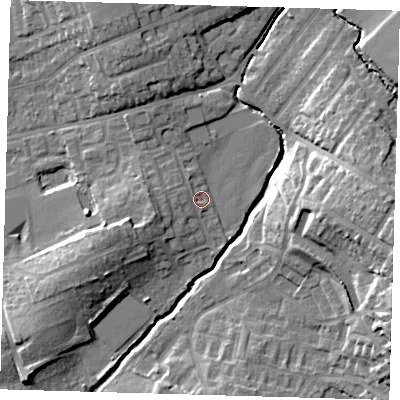 Shaded relief map of the ground around EN91SE, computed from Environment Agency LiDAR. The ground here sits at about 21 m above sea level and falls 19 m across the surrounding 800 m. Surface water reaching this point runs off ground lying to the west, 4.1 m higher.