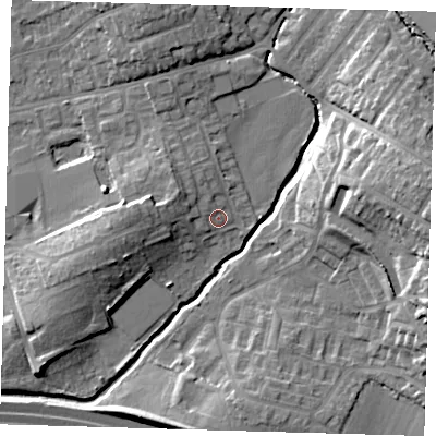 Shaded relief map of the ground around EN91SH, computed from Environment Agency LiDAR. The ground here sits at about 22 m above sea level and falls 19 m across the surrounding 800 m. Surface water reaching this point runs off ground lying to the west, 5.1 m higher.