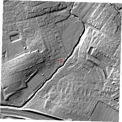 Shaded relief map of the ground around EN91SL, computed from Environment Agency LiDAR. The ground here sits at about 21 m above sea level and falls 20 m across the surrounding 800 m. Surface water reaching this point runs off ground lying to the north-west, 6.7 m higher.