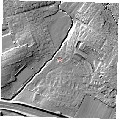 Shaded relief map of the ground around EN91SN, computed from Environment Agency LiDAR. The ground here sits at about 21 m above sea level and falls 21 m across the surrounding 800 m. Surface water reaching this point runs off ground lying to the east-north-east, 3.2 m higher.