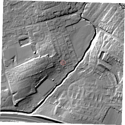 Shaded relief map of the ground around EN91SQ, computed from Environment Agency LiDAR. The ground here sits at about 23 m above sea level and falls 19 m across the surrounding 800 m. Surface water reaching this point runs off ground lying to the west-north-west, 4.9 m higher.