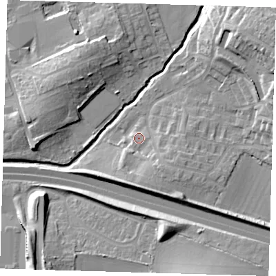 Shaded relief map of the ground around EN91UR, computed from Environment Agency LiDAR. The ground here sits at about 22 m above sea level and falls 19 m across the surrounding 800 m. Surface water reaching this point runs off ground lying to the south-east, 5.6 m higher.