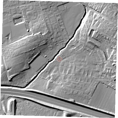 Shaded relief map of the ground around EN91UT, computed from Environment Agency LiDAR. The ground here sits at about 21 m above sea level and falls 19 m across the surrounding 800 m. Surface water reaching this point runs off ground lying to the east-north-east, 15.1 m higher.