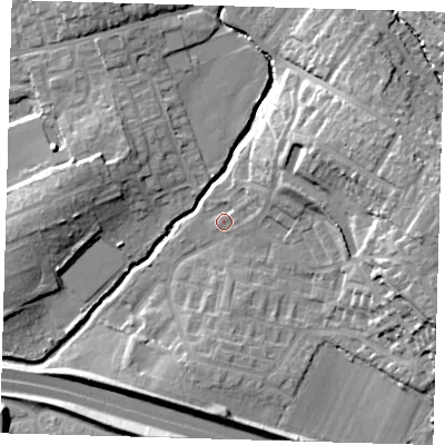 Shaded relief map of the ground around EN91UU, computed from Environment Agency LiDAR. The ground here sits at about 22 m above sea level and falls 21 m across the surrounding 800 m. Surface water reaching this point runs off ground lying to the east-north-east, 3.9 m higher.