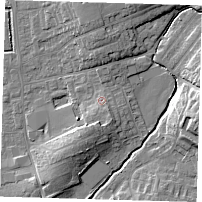 Shaded relief map of the ground around EN91XA, computed from Environment Agency LiDAR. The ground here sits at about 23 m above sea level and falls 15 m across the surrounding 800 m. Surface water reaching this point runs off ground lying to the south-south-west, 5.0 m higher.
