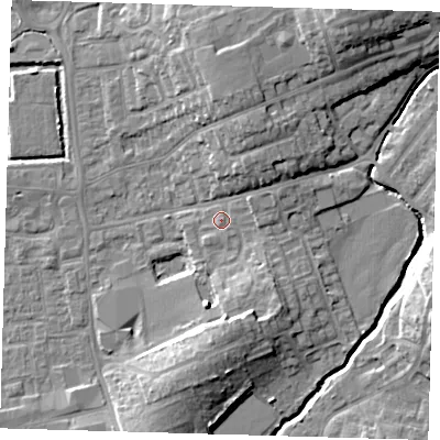 Shaded relief map of the ground around EN91XE, computed from Environment Agency LiDAR. The ground here sits at about 22 m above sea level and falls 15 m across the surrounding 800 m. Surface water reaching this point runs off ground lying to the east-north-east, 3.0 m higher.