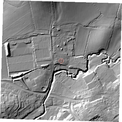 Shaded relief map of the ground around EN92AG, computed from Environment Agency LiDAR. The ground here sits at about 28 m above sea level and falls 24 m across the surrounding 800 m. Surface water reaching this point runs off ground lying to the north-west, 2.1 m higher.