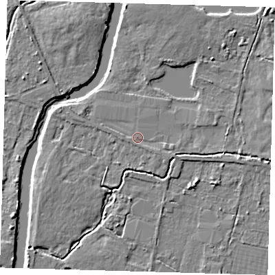 Shaded relief map of the ground around EN92BH, computed from Environment Agency LiDAR. The ground here sits at about 26 m above sea level and falls 5 m across the surrounding 800 m. Surface water reaching this point runs off ground lying to the south-east, 1.1 m higher.