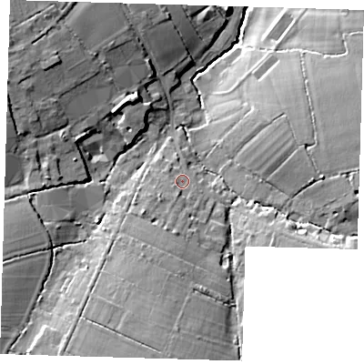 Shaded relief map of the ground around EN92DH, computed from Environment Agency LiDAR. The ground here sits at about 65 m above sea level and falls 16 m across the surrounding 800 m. Surface water reaching this point runs off ground lying to the south-south-west, 5.0 m higher.
