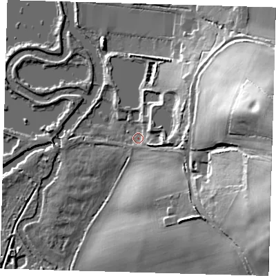 Shaded relief map of the ground around EN92ED, computed from Environment Agency LiDAR. The ground here sits at about 22 m above sea level and falls 46 m across the surrounding 800 m. Surface water reaching this point runs off ground lying to the east-north-east, 39.4 m higher.