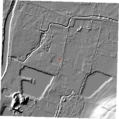 Shaded relief map of the ground around EN92EU, computed from Environment Agency LiDAR. The ground here sits at about 25 m above sea level and falls 27 m across the surrounding 800 m. Surface water reaching this point runs off ground lying to the south, 1.2 m higher.