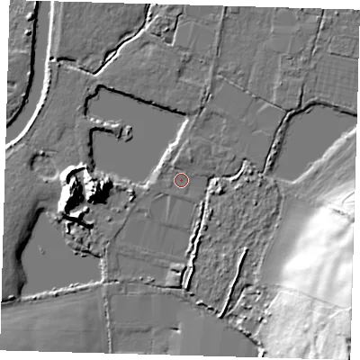 Shaded relief map of the ground around EN92EX, computed from Environment Agency LiDAR. The ground here sits at about 25 m above sea level and falls 36 m across the surrounding 800 m. Surface water reaching this point runs off ground lying to the east-south-east, 3.5 m higher.