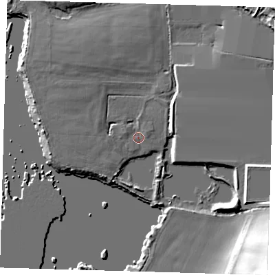 Shaded relief map of the ground around EN92EY, computed from Environment Agency LiDAR. The ground here sits at about 23 m above sea level and falls 26 m across the surrounding 800 m. Surface water reaching this point runs off ground lying to the north-east, 4.9 m higher.