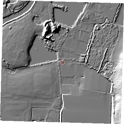 Shaded relief map of the ground around EN92EZ, computed from Environment Agency LiDAR. The ground here sits at about 24 m above sea level and falls 16 m across the surrounding 800 m. Surface water reaching this point runs off ground lying to the east-north-east, 0.8 m higher.