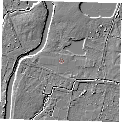 Shaded relief map of the ground around EN92HB, computed from Environment Agency LiDAR. The ground here sits at about 26 m above sea level and falls 5 m across the surrounding 800 m. The ground contributing surface water to this point lies to the south-south-west.
