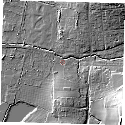 Shaded relief map of the ground around EN92HF, computed from Environment Agency LiDAR. The ground here sits at about 26 m above sea level and falls 25 m across the surrounding 800 m. Surface water reaching this point runs off ground lying to the south-east, 23.5 m higher.