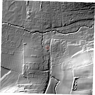 Shaded relief map of the ground around EN92HJ, computed from Environment Agency LiDAR. The ground here sits at about 29 m above sea level and falls 36 m across the surrounding 800 m. Surface water reaching this point runs off ground lying to the east-north-east, 2.4 m higher.