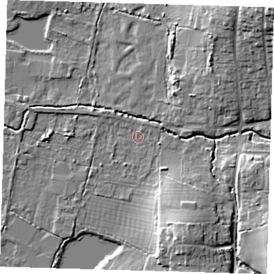 Shaded relief map of the ground around EN92HU, computed from Environment Agency LiDAR. The ground here sits at about 26 m above sea level and falls 19 m across the surrounding 800 m. Surface water reaching this point runs off ground lying to the south-south-east, 10.4 m higher.